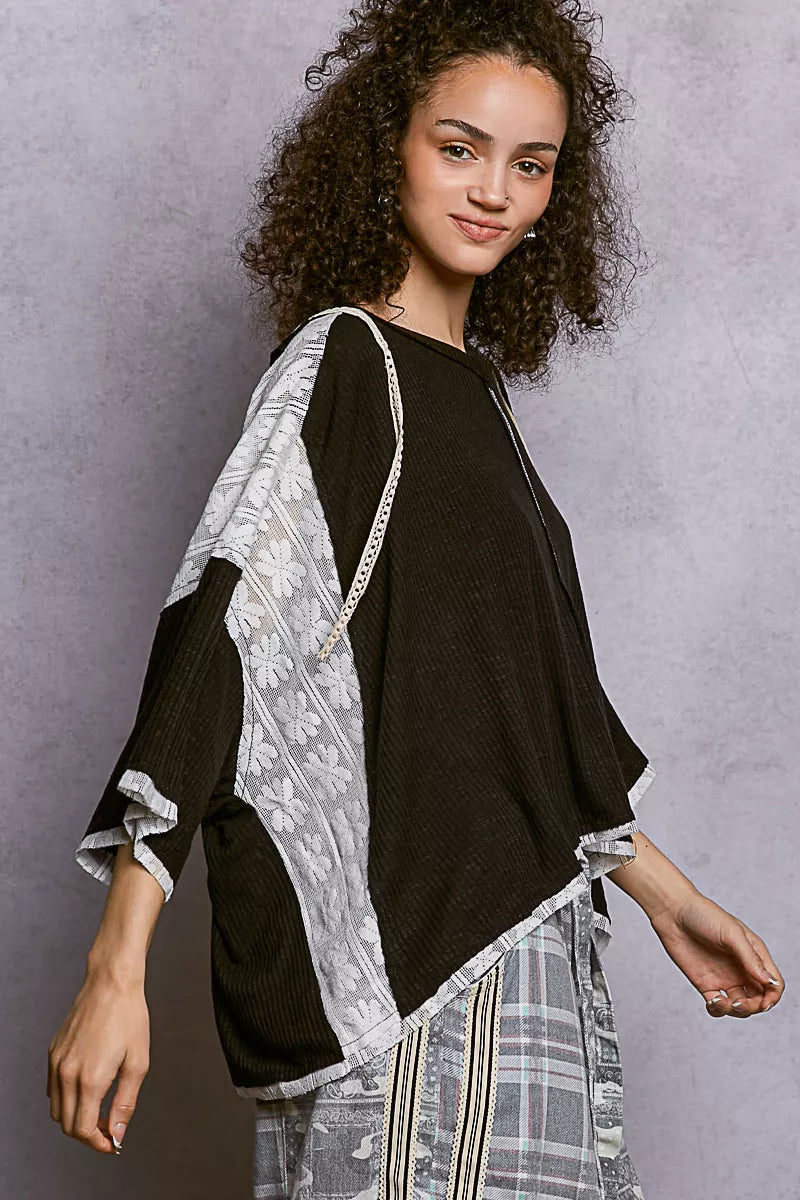 POL Short Sleeve Hoodie Top with Lace Detail