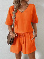 V-Neck Half Sleeve Top and Shorts Set - Ladyez