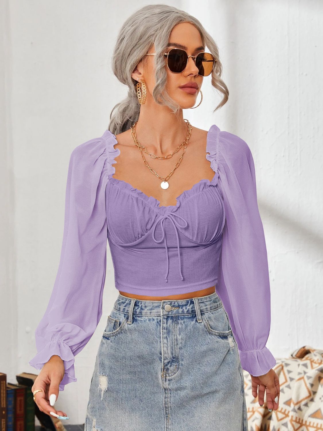 Mesh Sweetheart Neck Flounce Sleeve Top - Ladyez