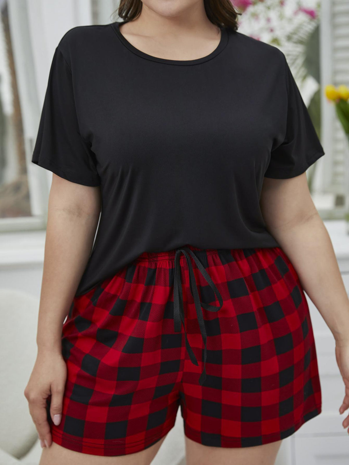 Plus Size Round Neck Tee Shirt and Plaid Shorts Lounge Set - Ladyez