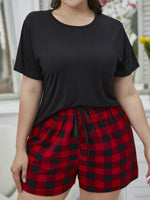 Plus Size Round Neck Tee Shirt and Plaid Shorts Lounge Set - Ladyez