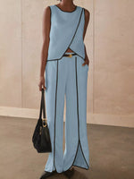 Contrast Trim Sleeveless Top and Wide-Leg Pants Set