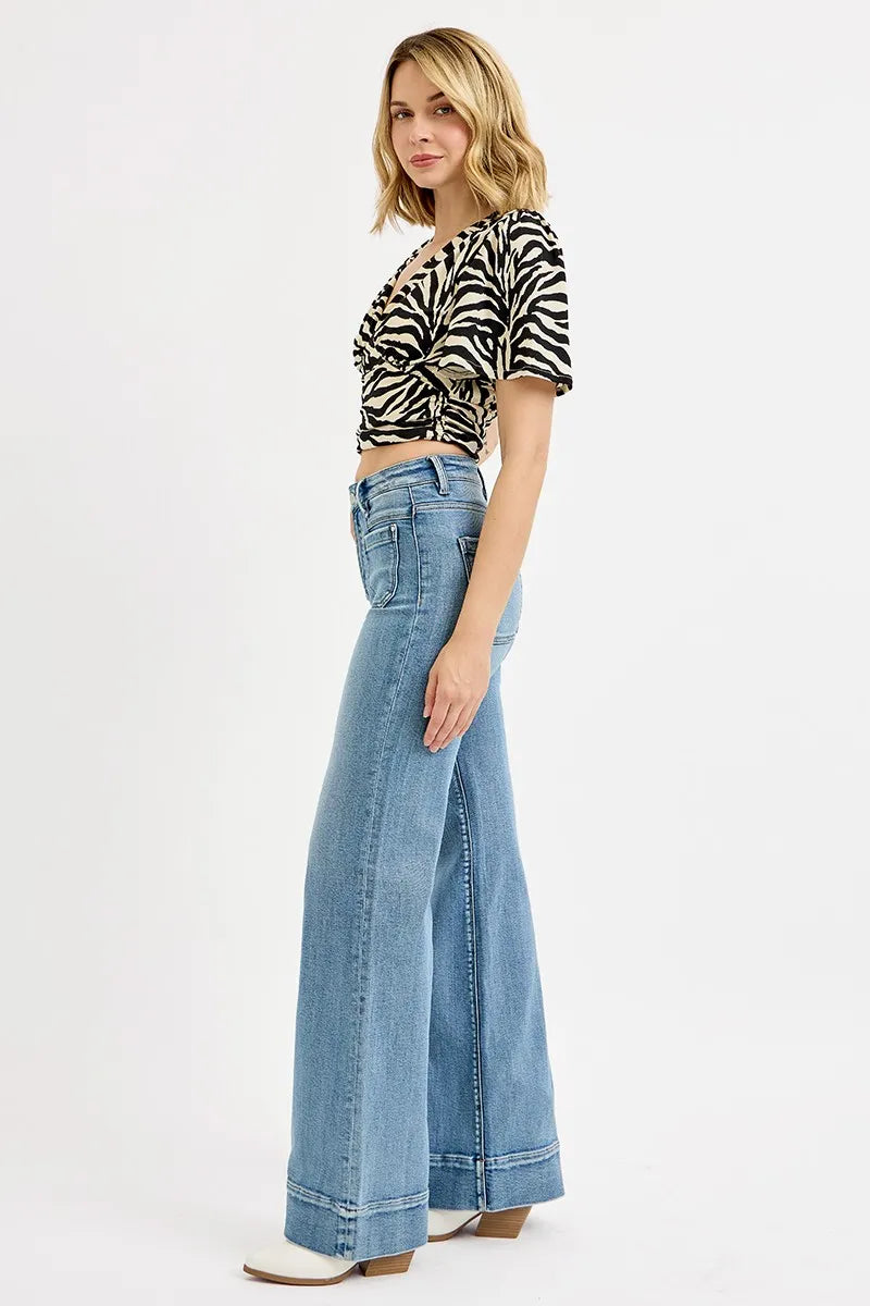 RISEN Full Size High Rise Wide Flare Patch Pocket Jeans Plus Size - Ladyez