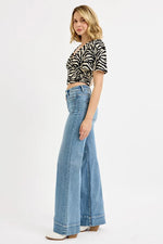 RISEN Full Size High Rise Wide Flare Patch Pocket Jeans Plus Size - Ladyez