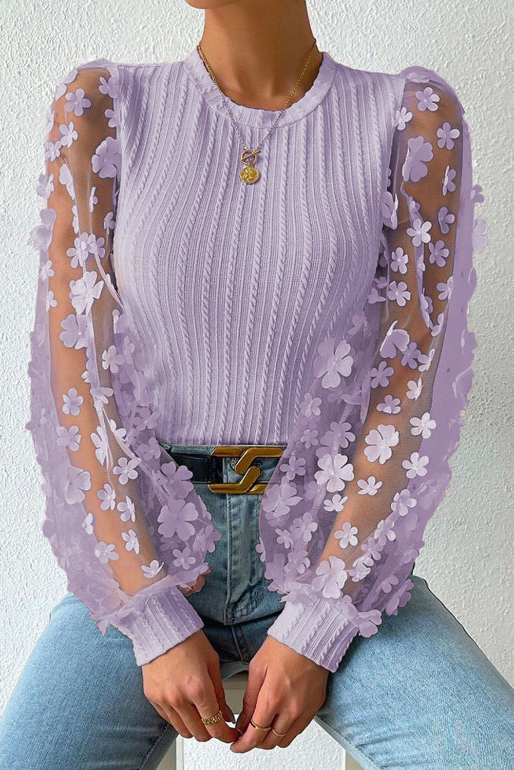 Double Take Textured Applique Long Sleeve Blouse - Ladyez