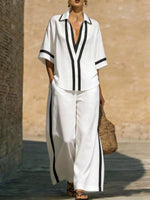 Full Size Contrast Trim Top and Pants Set Plus Size
