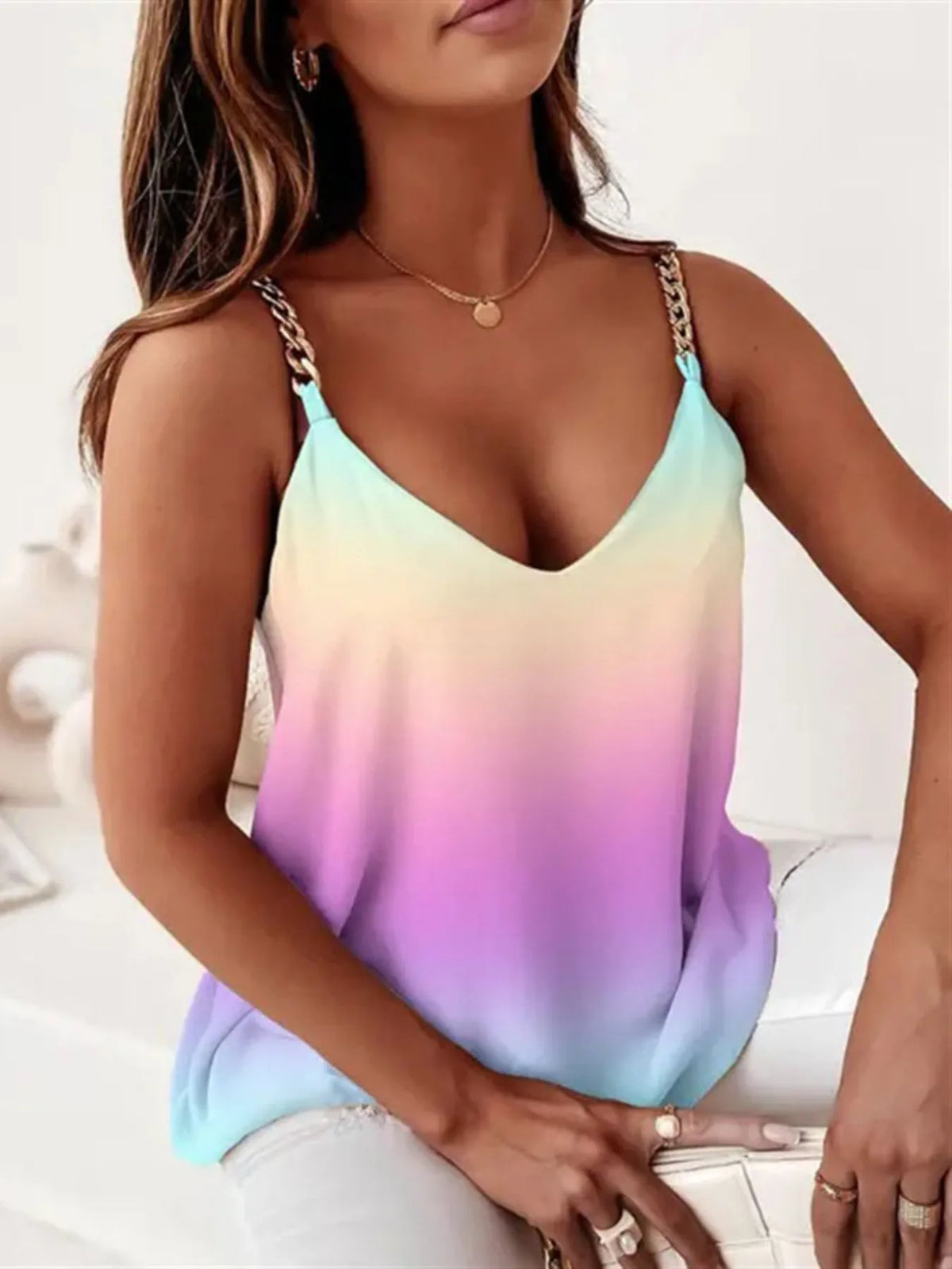 Chain Strap V-Neck Tank Top - Ladyez