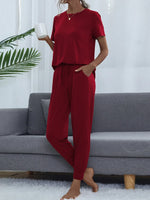 Shiny Round Neck Top and Pants Lounge Set - Ladyez