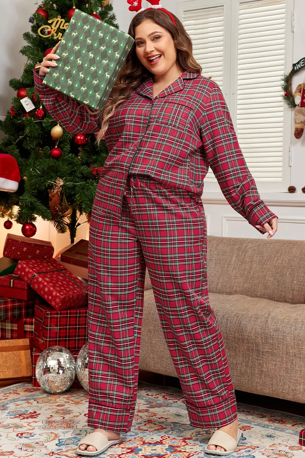 Plus Size Plaid Collared Neck Top and Pants Lounge Set - Ladyez