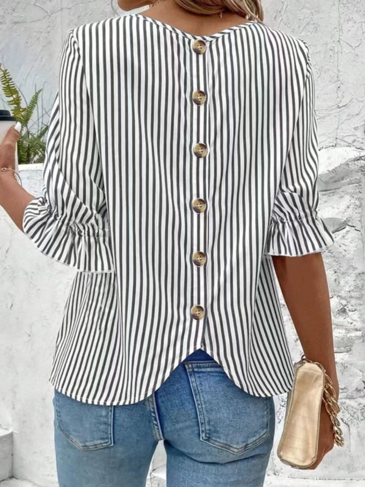 Striped Round Neck Half Sleeve Casual Blouse - Ladyez