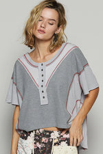POL Round Neck Short Sleeve Contrast Stitching Top with Back Strap Detail