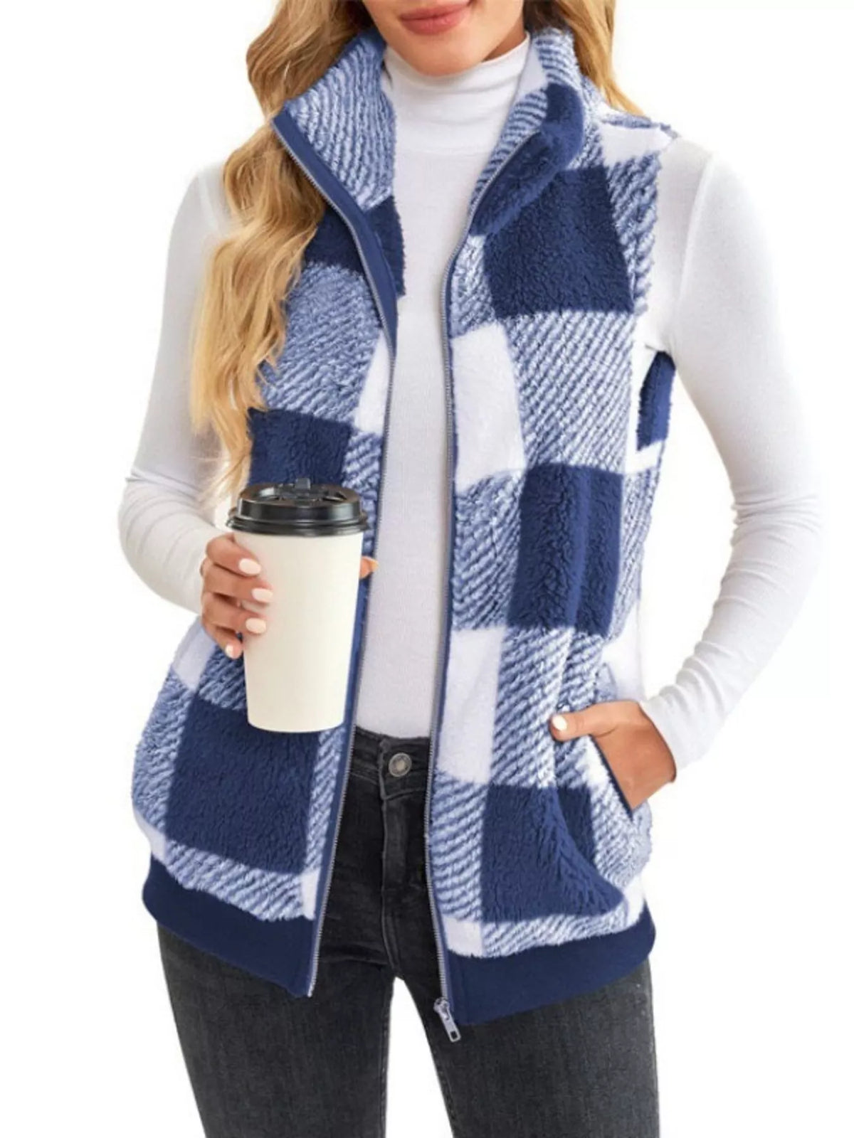 Full Size Color Block Zip Up Vest Coat Plus Size