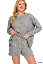 Zenana Soft Melange Long Sleeve Tee and Shorts Set