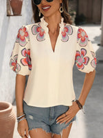 Floral Print Notched Puff Sleeve Blouse - Ladyez