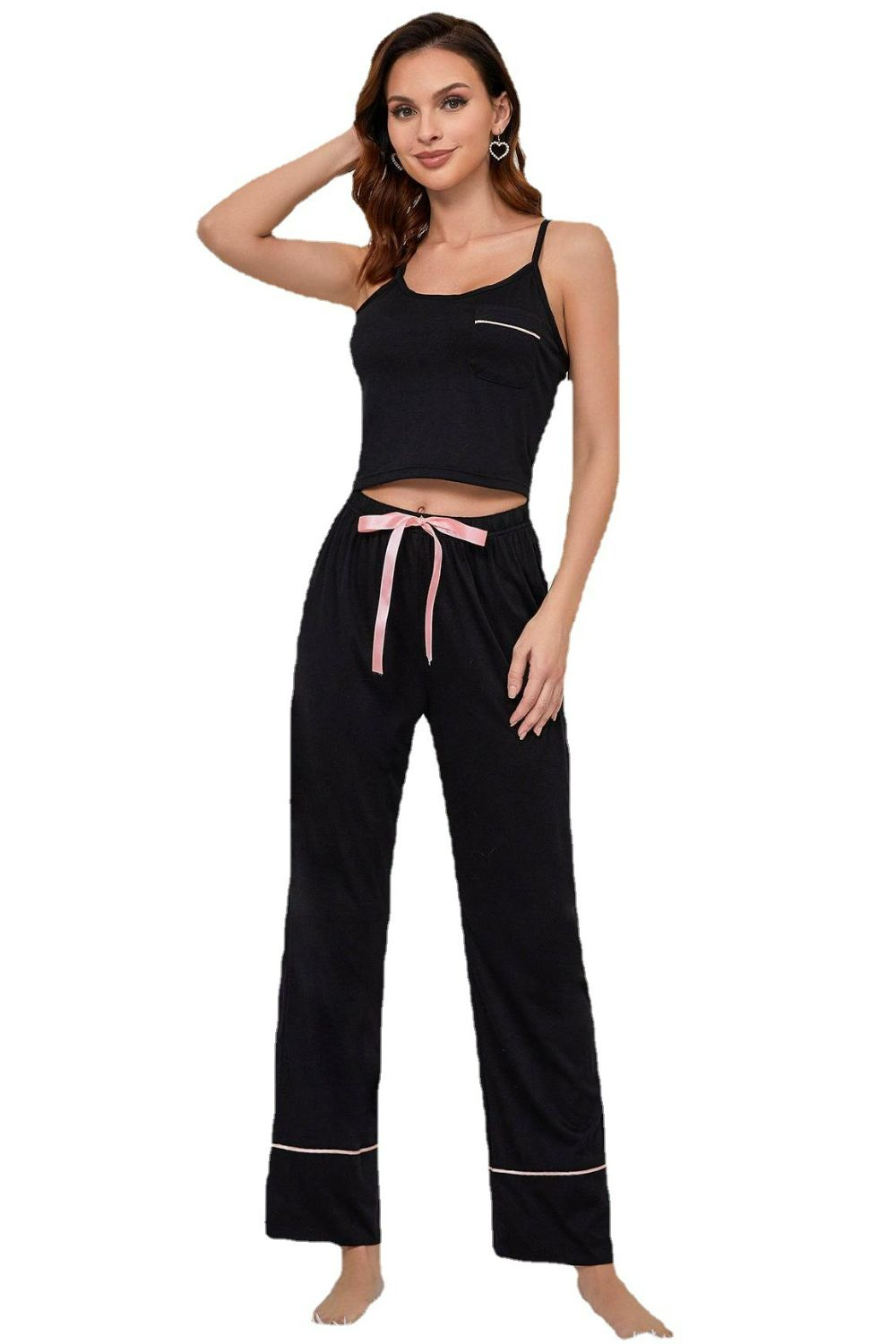 Contrast Trim Cropped Cami and Pants Loungewear Set - Ladyez