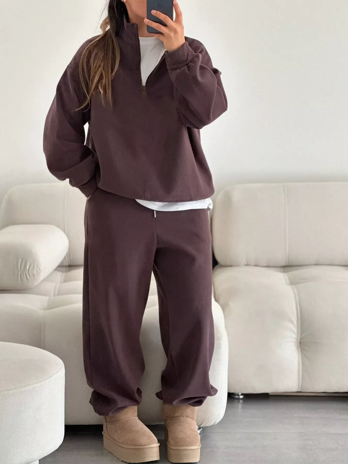 Quarter-Zip Top and Wide-Leg Sweatpants Set