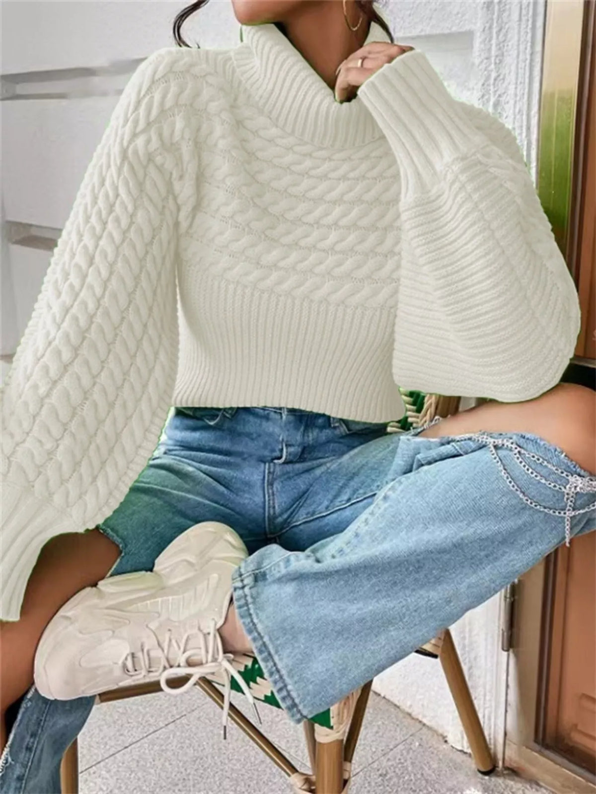 Textured Knit Turtleneck Long Sleeve Sweater