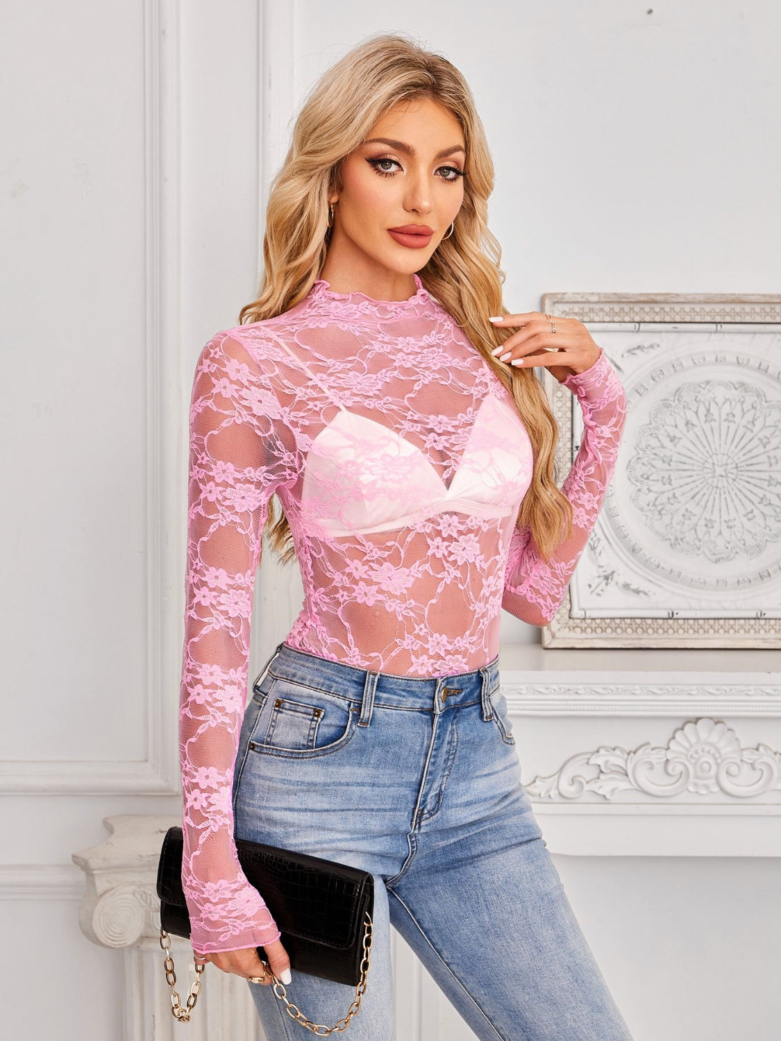 Mock Neck Long Sleeve Lace Sheer Top - Ladyez