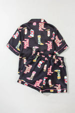 Printed Button Up Short Sleeve Top and Shorts Lounge Set - Ladyez