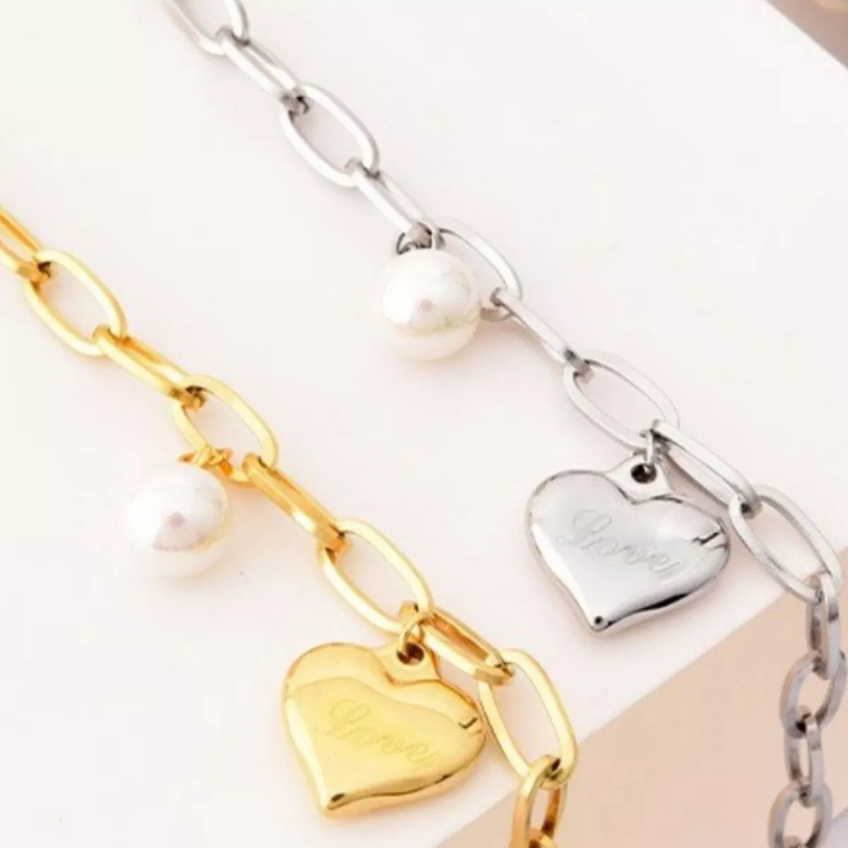 Heart Charm Pearl Accent Chain Bracelet