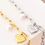 Heart Charm Pearl Accent Chain Bracelet