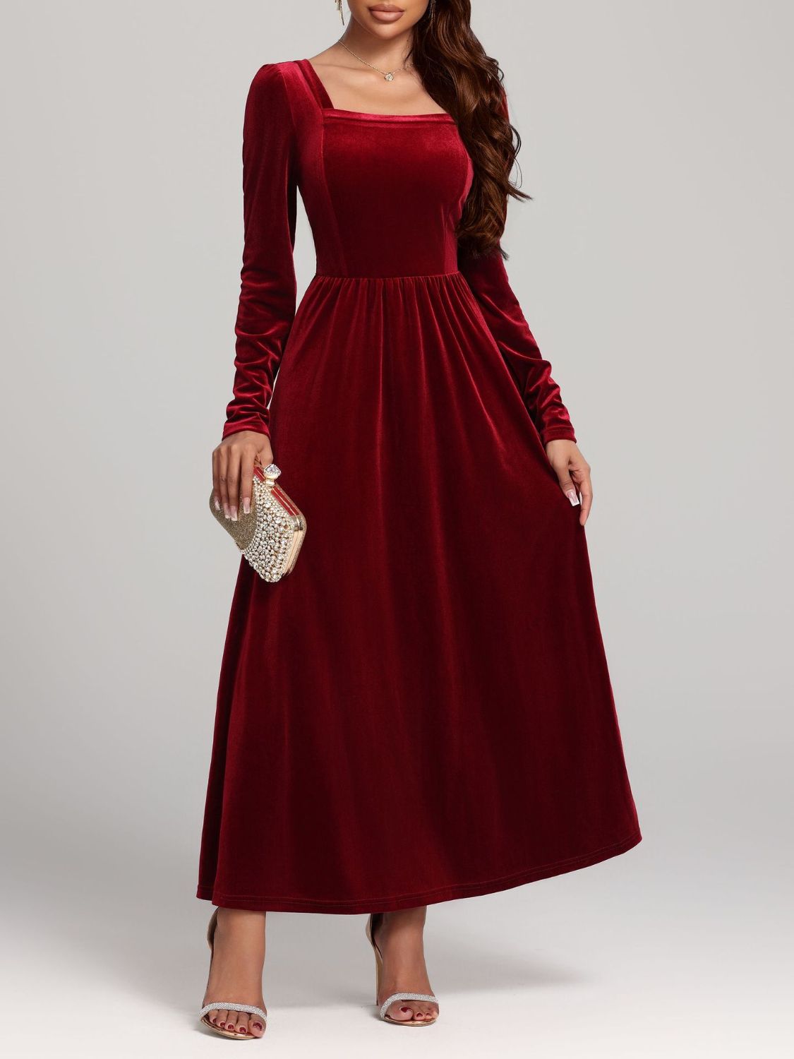 Velvet Square Neck Long Sleeve Dress - Ladyez