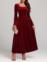 Velvet Square Neck Long Sleeve Dress - Ladyez