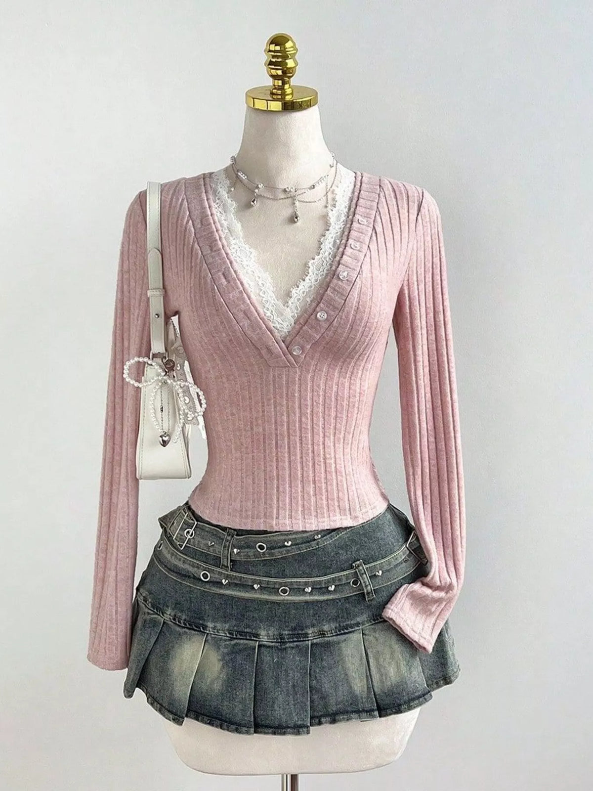 V-Neck Lace Trim Ribbed Knit T-Shirt