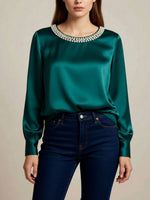 Pearl Trim Round Neck Silk Blouse