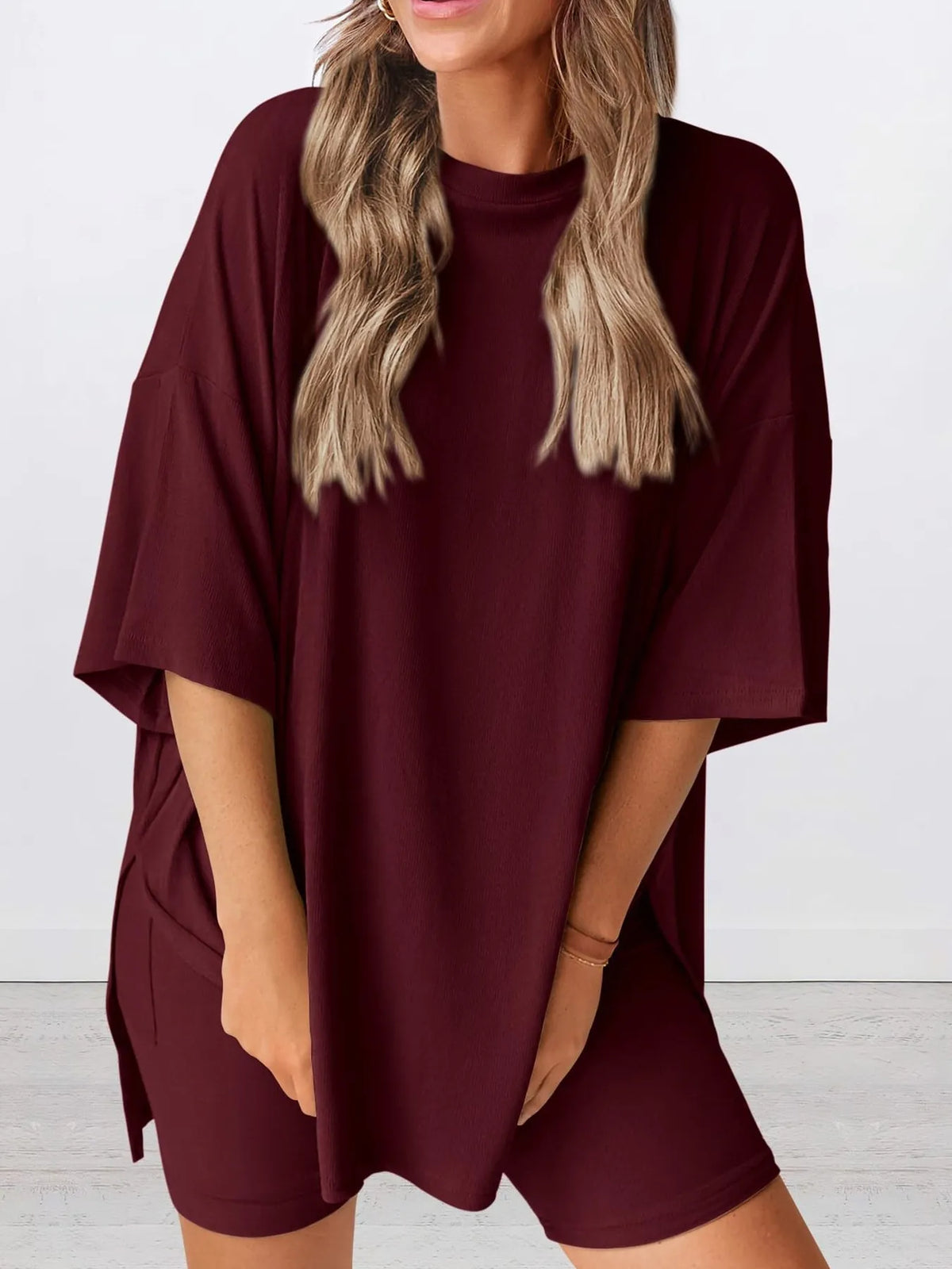 Full Size Oversized Slit Round Neck Top and Shorts Lounge Set Plus Size - Ladyez