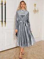 Tie Waist Long Sleeve Midi Dress - Ladyez