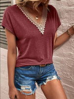 Full Size Lace Detail V-Neck Short Sleeve T-Shirt - Ladyez