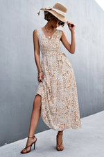 Printed V-Neck Tie Waist Maxi Dress - Ladyez