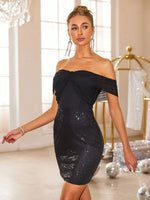 Backless Sequin Off Shoulder Short Sleeve Dress - Ladyez