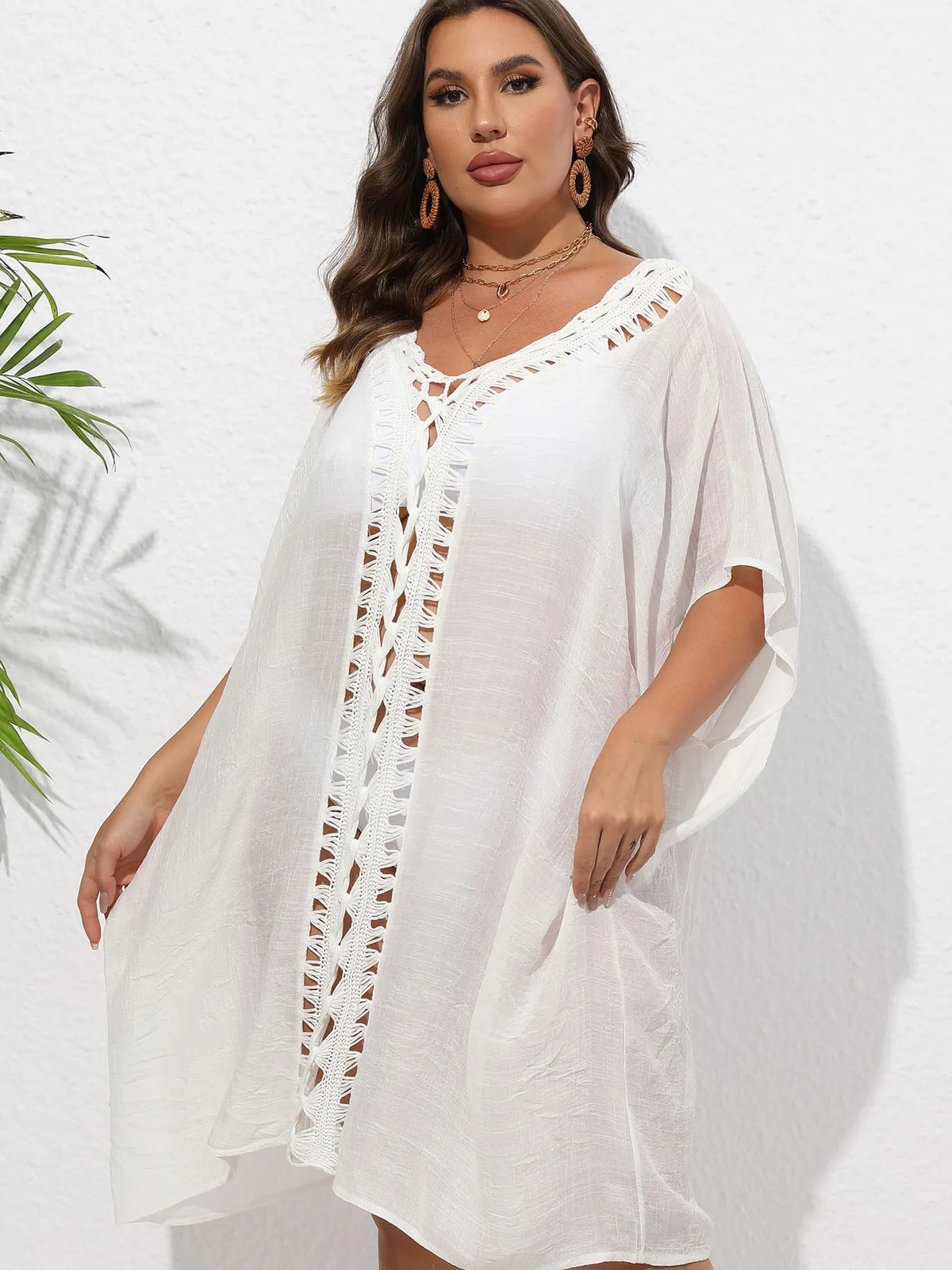 Crochet Trim V-Neck Beach Cover Up Dress - Ladyez