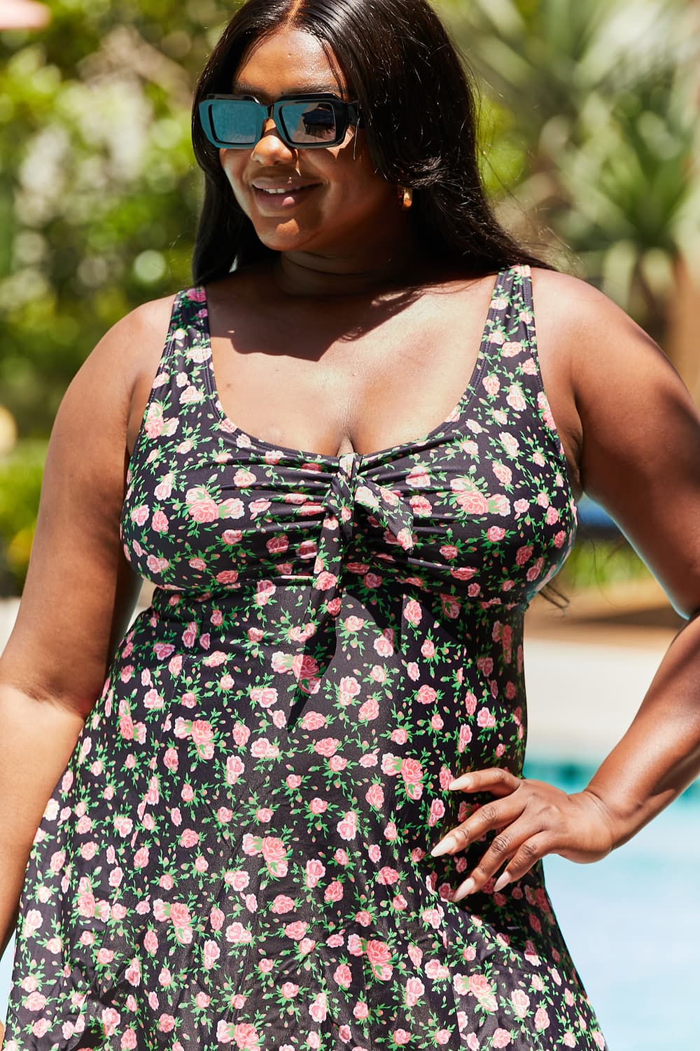 Marina West Swim Full Size Clear Waters Swim Dress in Black Roses - Ladyez
