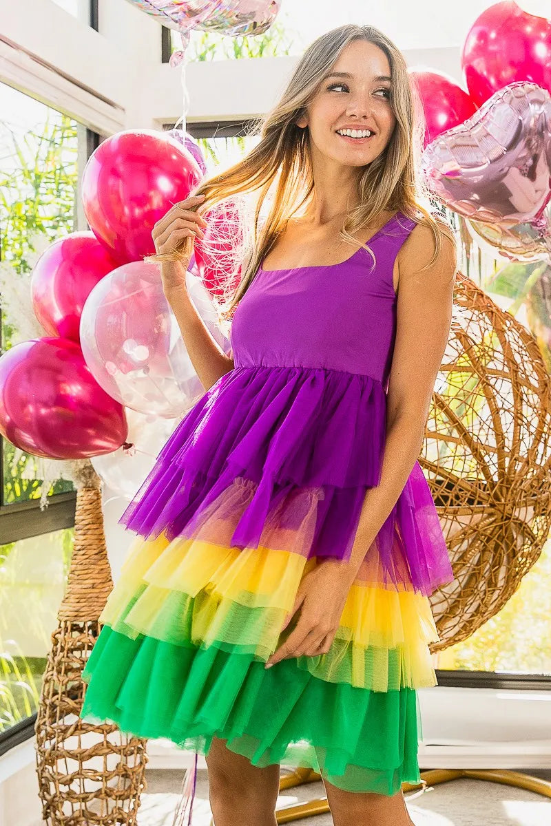 BiBi Mardi Gras Color Block Layered Mesh Tiered Dress - Ladyez