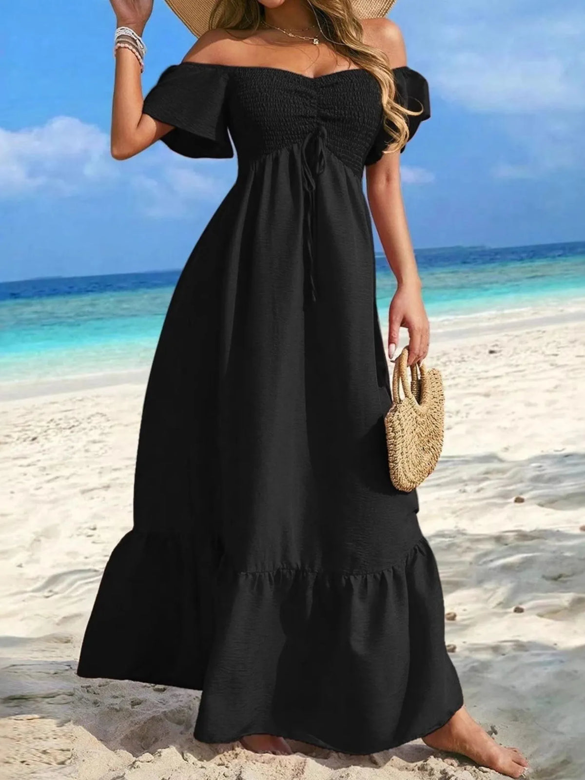 Off-Shoulder Smocked Maxi Dress with Ruffle Hem - Ladyez