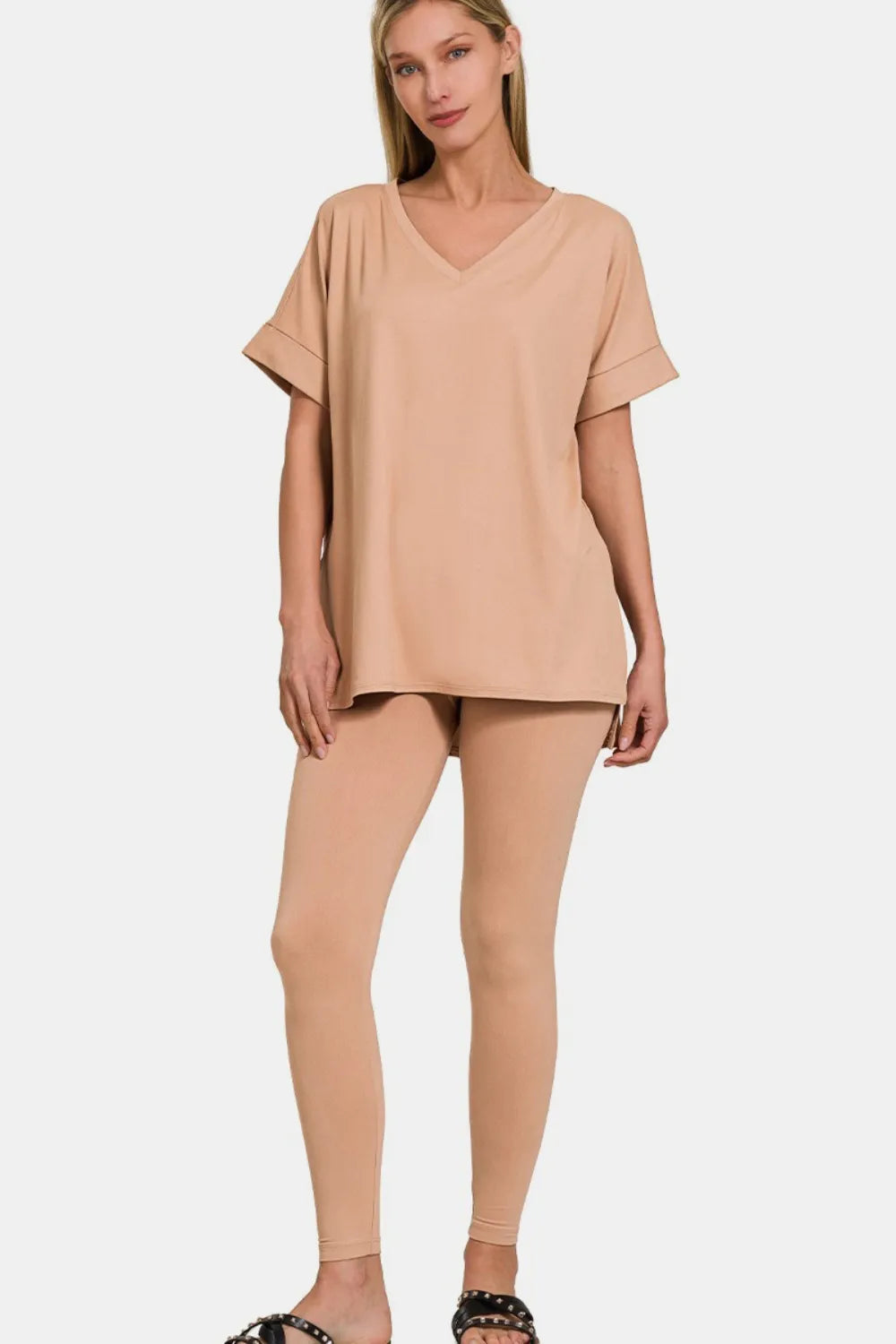 Zenana Full Size V-Neck Rolled Short Sleeve T-Shirt and Leggings Lounge Set - Ladyez