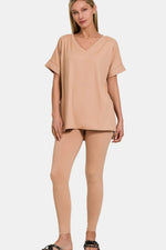 Zenana Full Size V-Neck Rolled Short Sleeve T-Shirt and Leggings Lounge Set - Ladyez