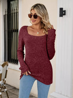 Ribbed Square Neck Long Sleeve T-Shirt