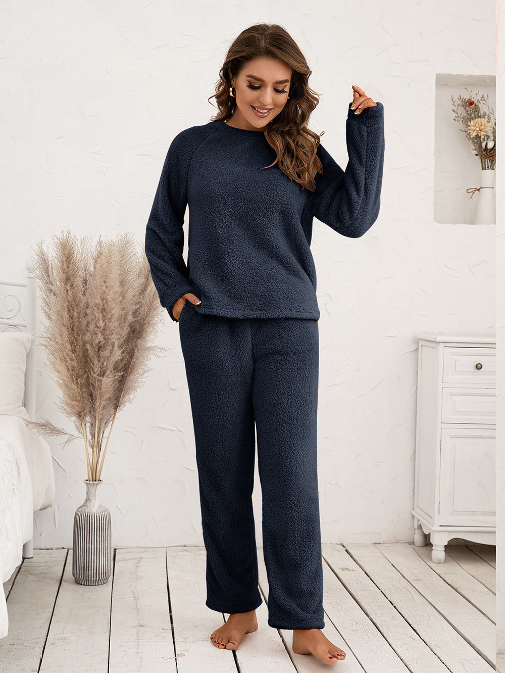Ivy Lane Teddy Long Sleeve Top and Pants Lounge Set - Ladyez