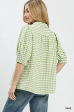 Umgee Gingham Puff Sleeve Collared Blouse