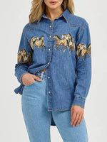 Horse Print Long Sleeve Denim Shirt