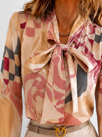 Printed Bow-Tie Neck Long Sleeve Blouse