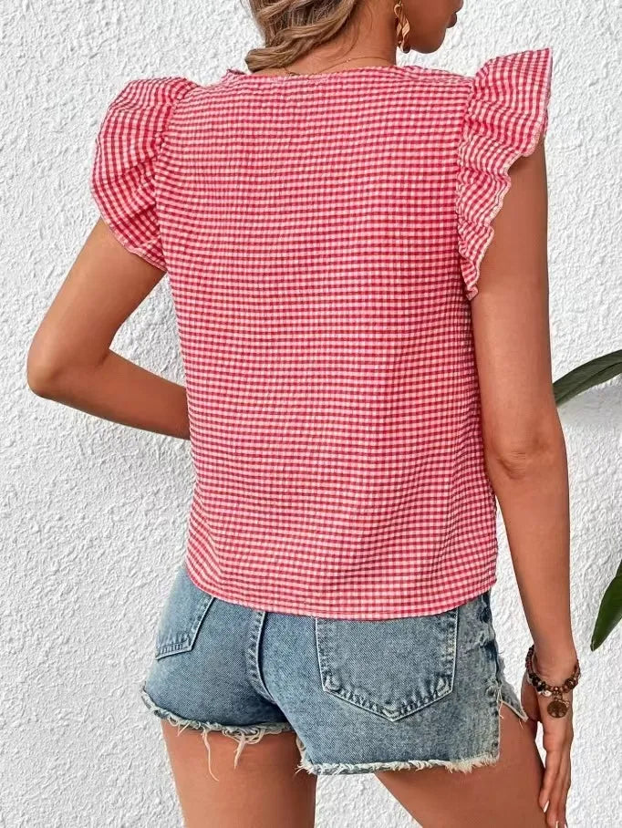 Ruffle Sleeve Gingham Square Neck Top - Ladyez