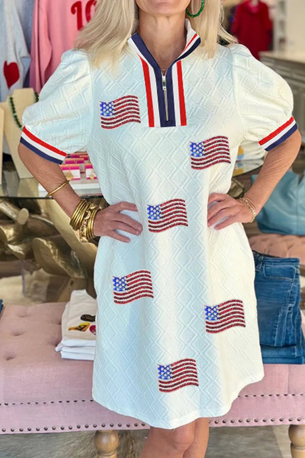 Patriotic American Flag Print Dress with Striped Collar - Ladyez
