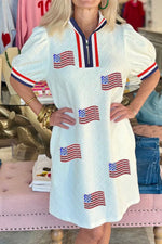 Patriotic American Flag Print Dress with Striped Collar - Ladyez