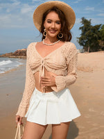 Drawstring Openwork Long Sleeve Cover-Up - Ladyez