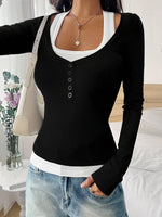 Contrast Long Sleeve Fake Two-Piece T-Shirt